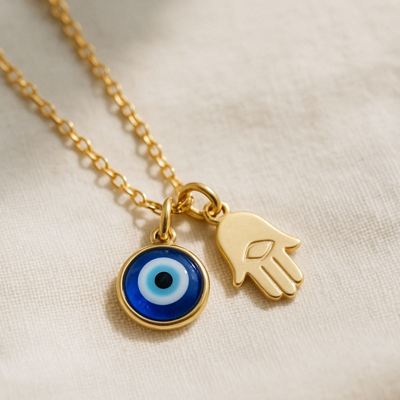 Turkish Eye Charm and Hamsa Hand on a gold chain