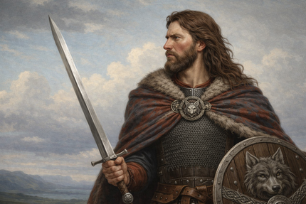 Rhodri The Great holding a sword and shield