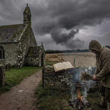 Early medieval church beside a peasant folk ritual, representing the clash between Christian doctrine and witchcraft in medieval times