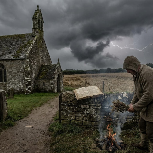 Early medieval church beside a peasant folk ritual, representing the clash between Christian doctrine and witchcraft in medieval times