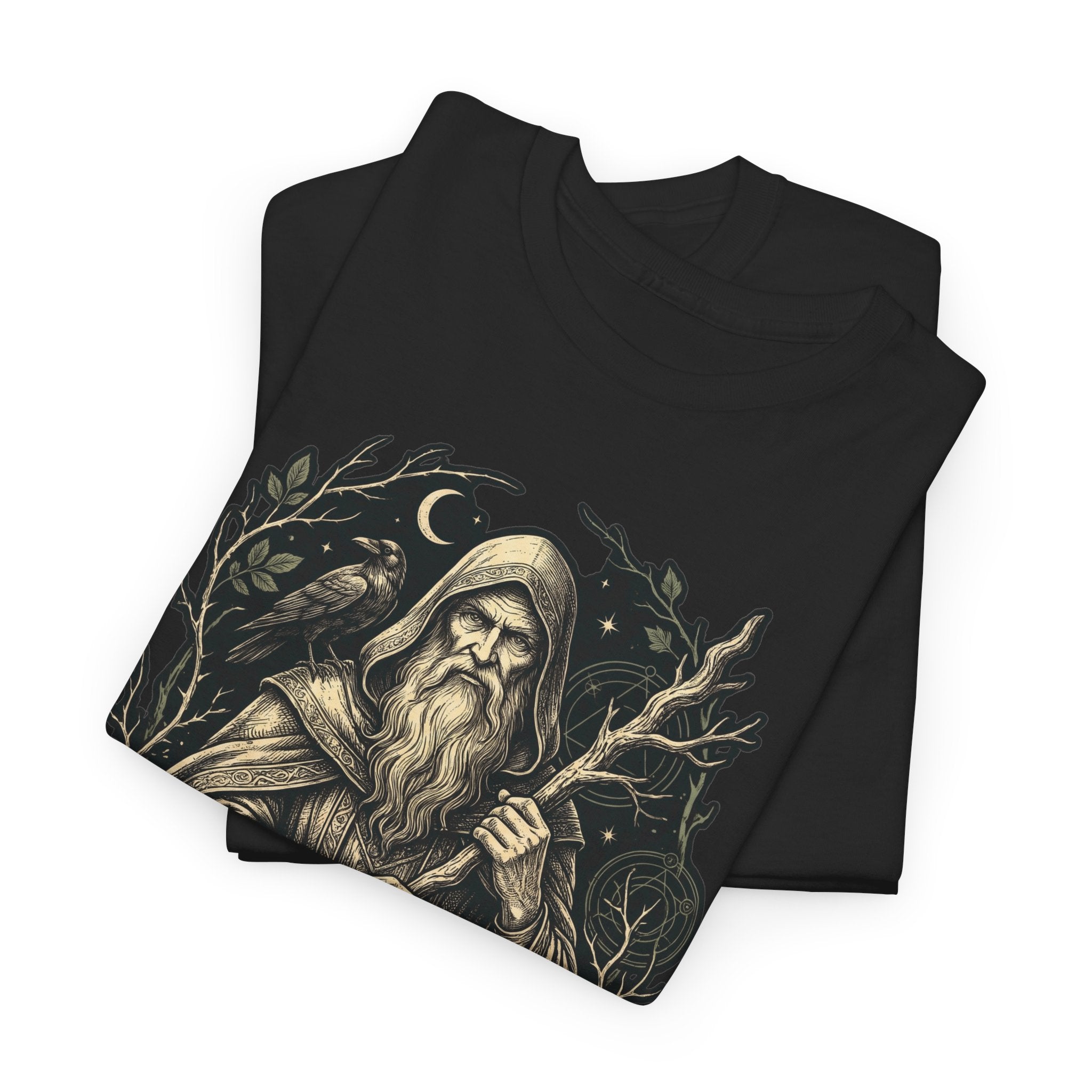 Merlin, Keeper of Ancient Wisdom design on a black T-shirt