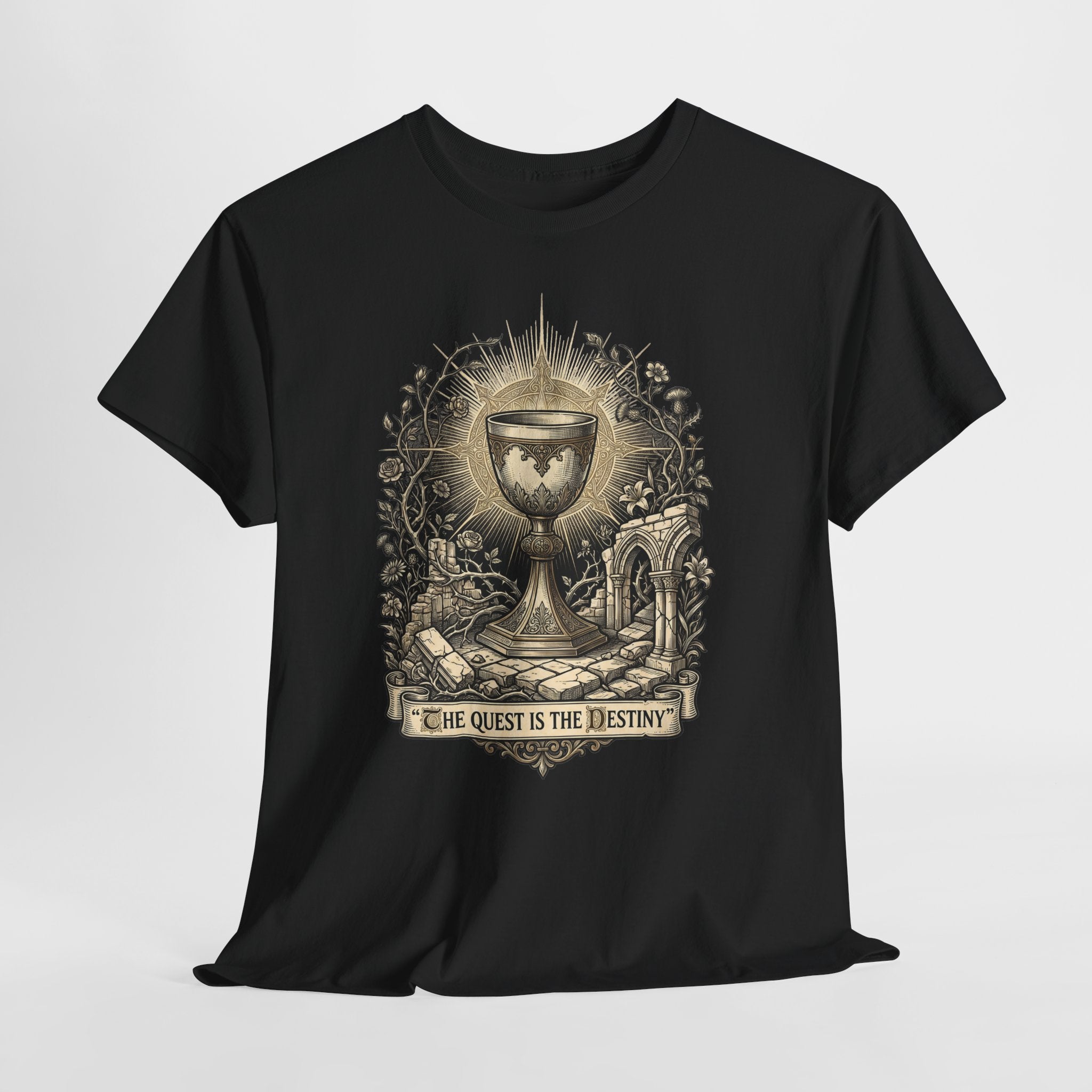 Quest for the Grail design on a black T-shirt