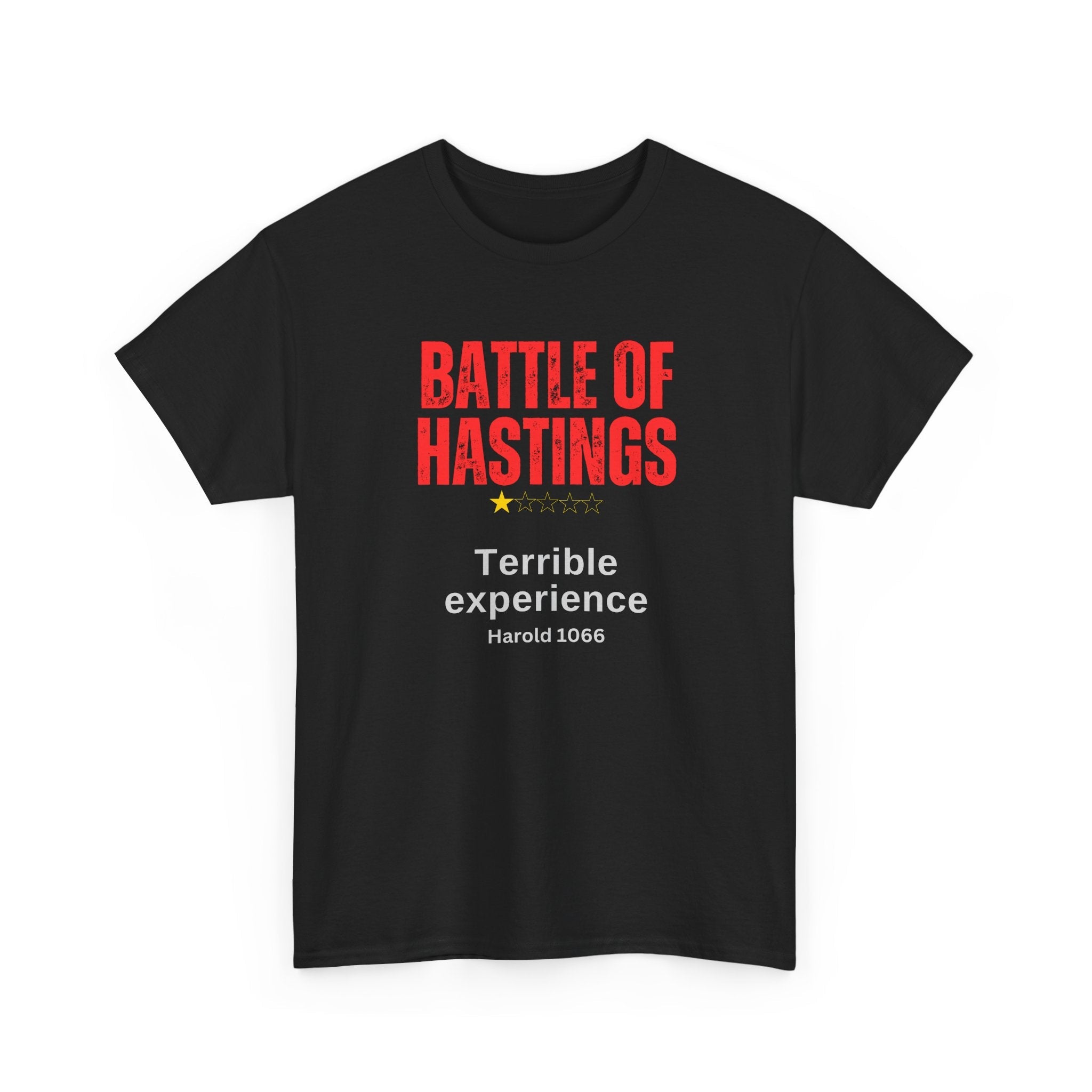 Battle of Hastings one-star review black t-shirt with satirical Harold 1066 design