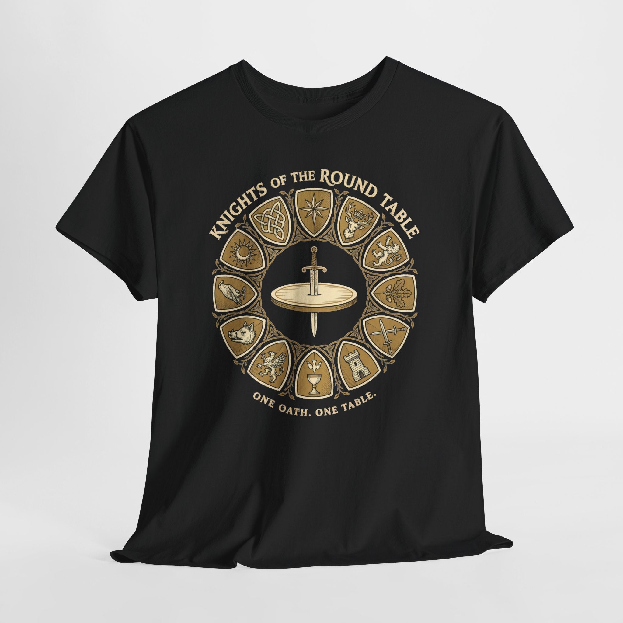 Knights of the Round Table design on a black T-shirt