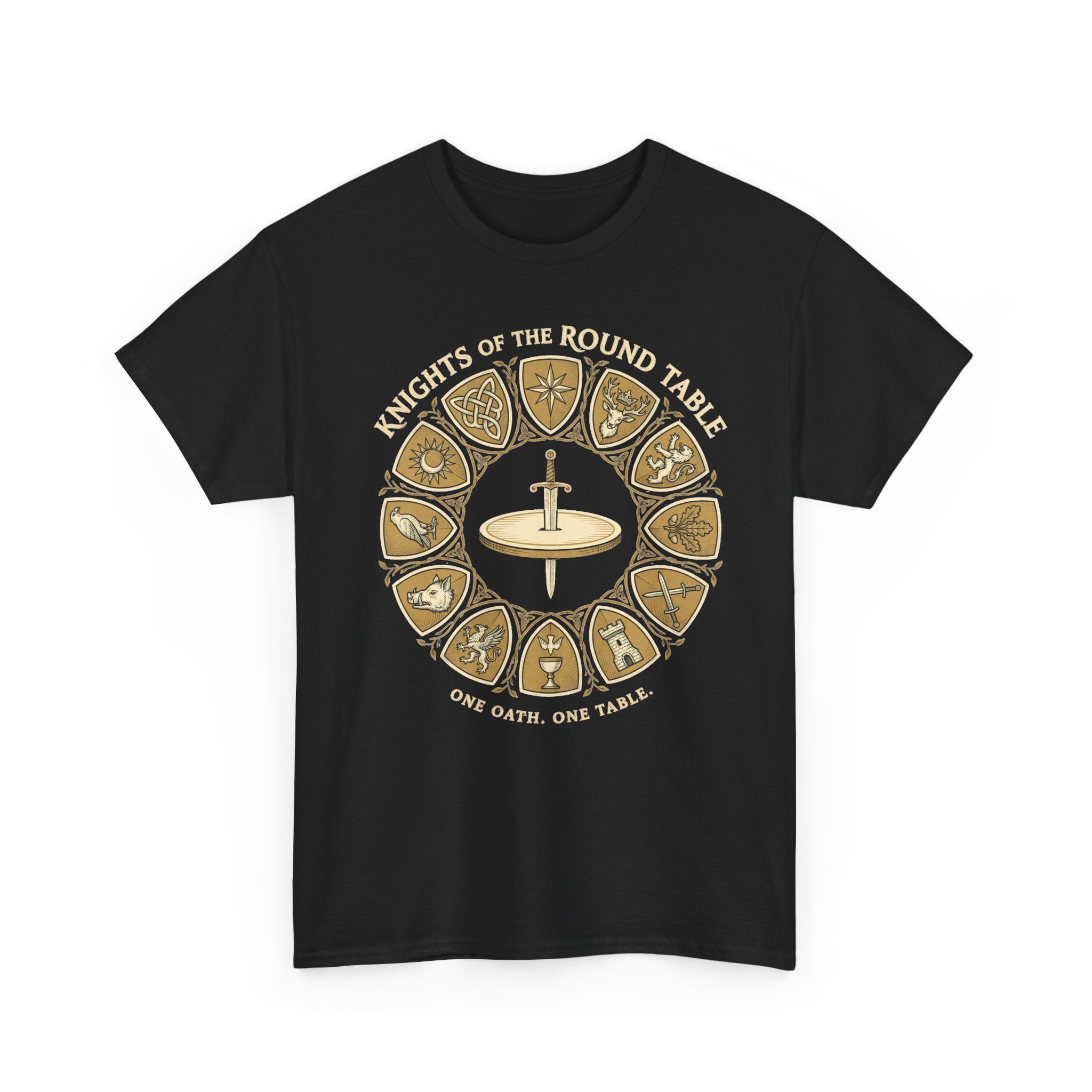 Knights of the Round Table design on a black T-shirt