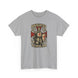 Knights Templar t-shirt in sport grey featuring a fully armoured Crusader knight with red cross shield and gold heraldic illustration, printed on Gildan 5000 heavyweight cotton