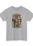 Knights Templar t-shirt in sport grey featuring a fully armoured Crusader knight with red cross shield and gold heraldic illustration, printed on Gildan 5000 heavyweight cotton