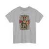 Knights Templar t-shirt in sport grey featuring a fully armoured Crusader knight with red cross shield and gold heraldic illustration, printed on Gildan 5000 heavyweight cotton