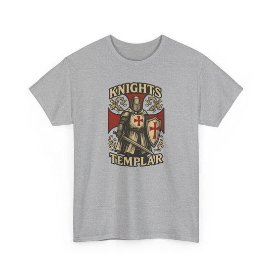 Knights Templar t-shirt in sport grey featuring a fully armoured Crusader knight with red cross shield and gold heraldic illustration, printed on Gildan 5000 heavyweight cotton