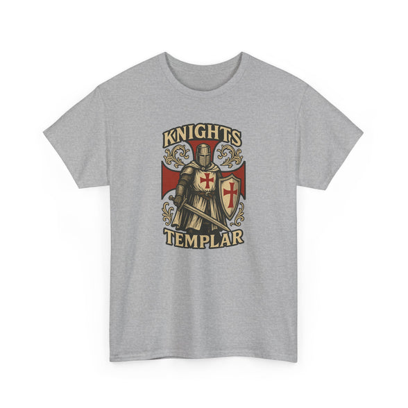 Knights Templar t-shirt in sport grey featuring a fully armoured Crusader knight with red cross shield and gold heraldic illustration, printed on Gildan 5000 heavyweight cotton