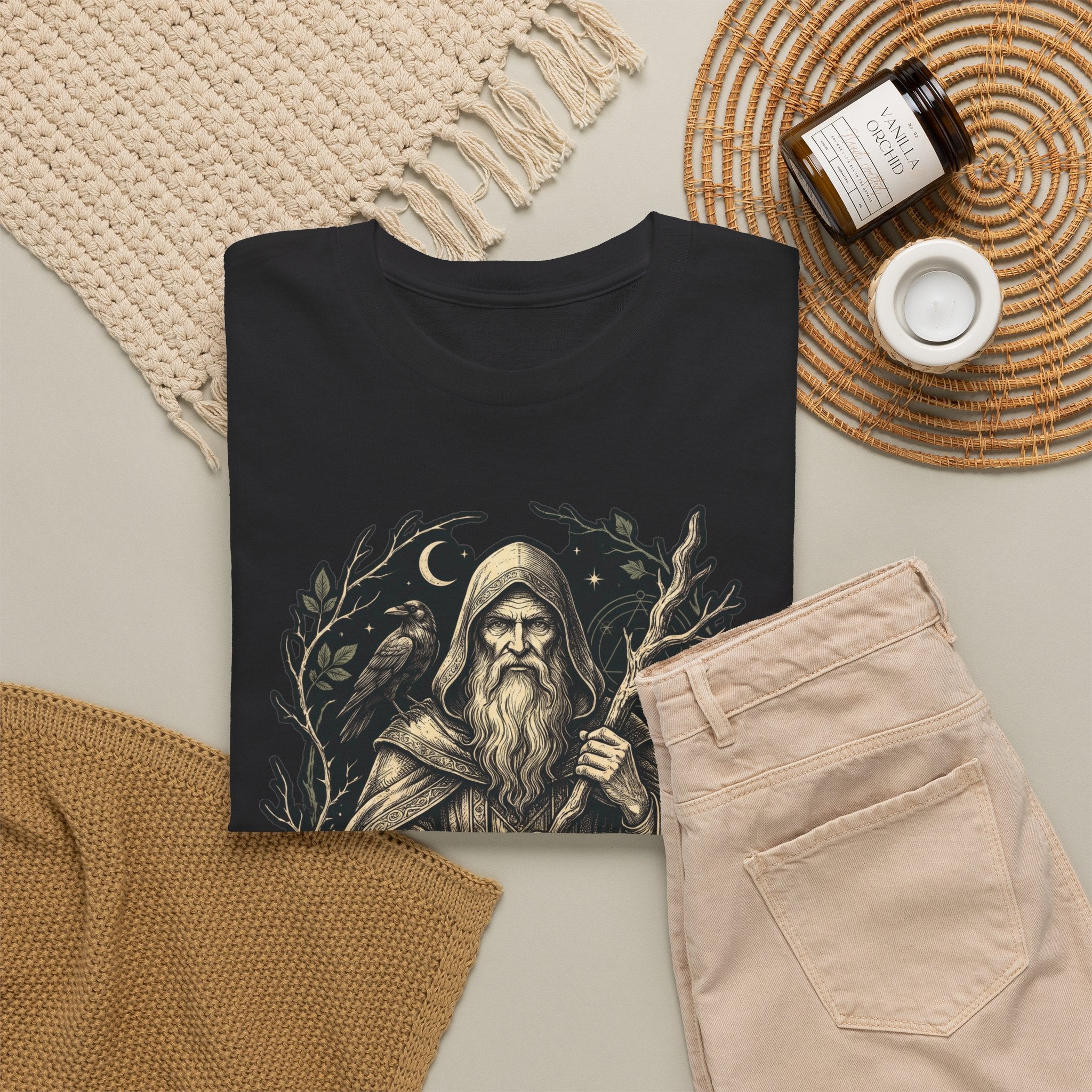 Merlin, Keeper of Ancient Wisdom design on a black T-shirt