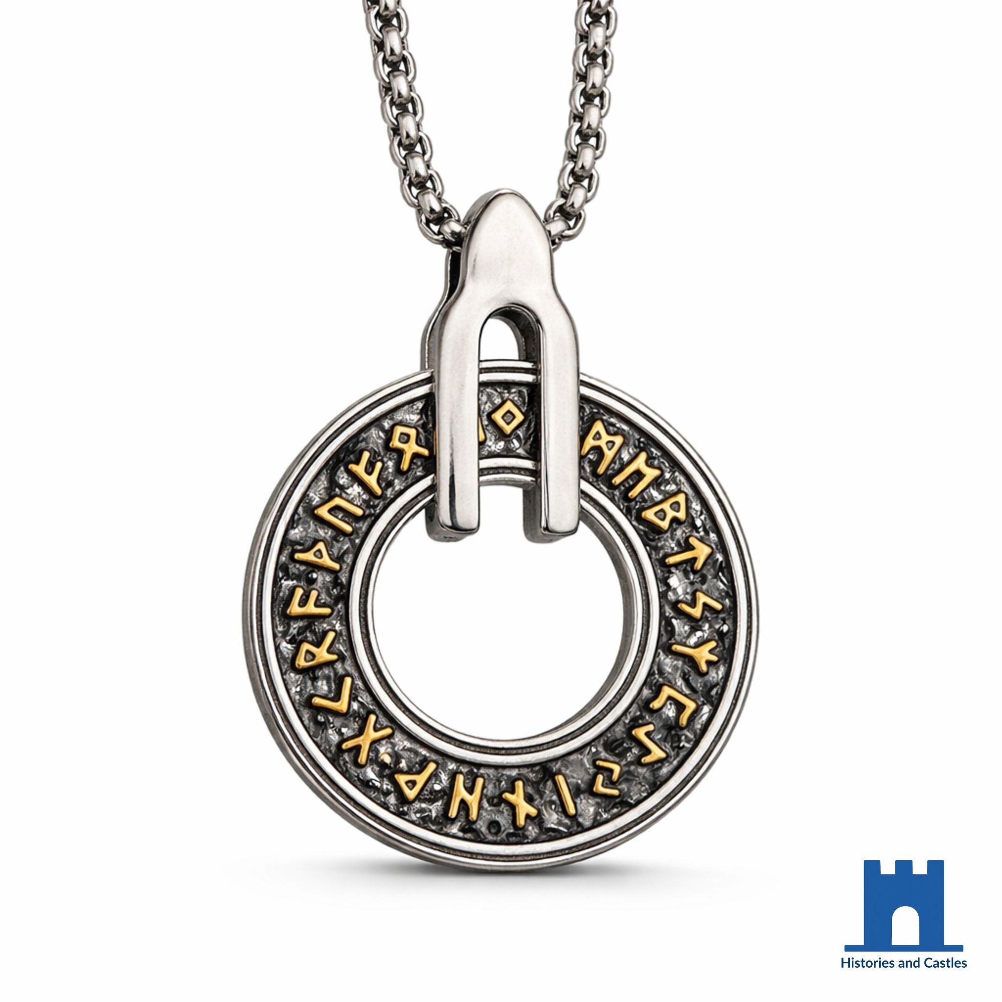 Large Elder Futhark Rune Viking Pendant | Stainless Steel Viking Necklace for Men Gold Jewellery Gold