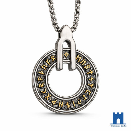 Elder Futhark rune necklace in gold tone stainless steel with full runic alphabet around circular pendant face, forked bail, on box chain
