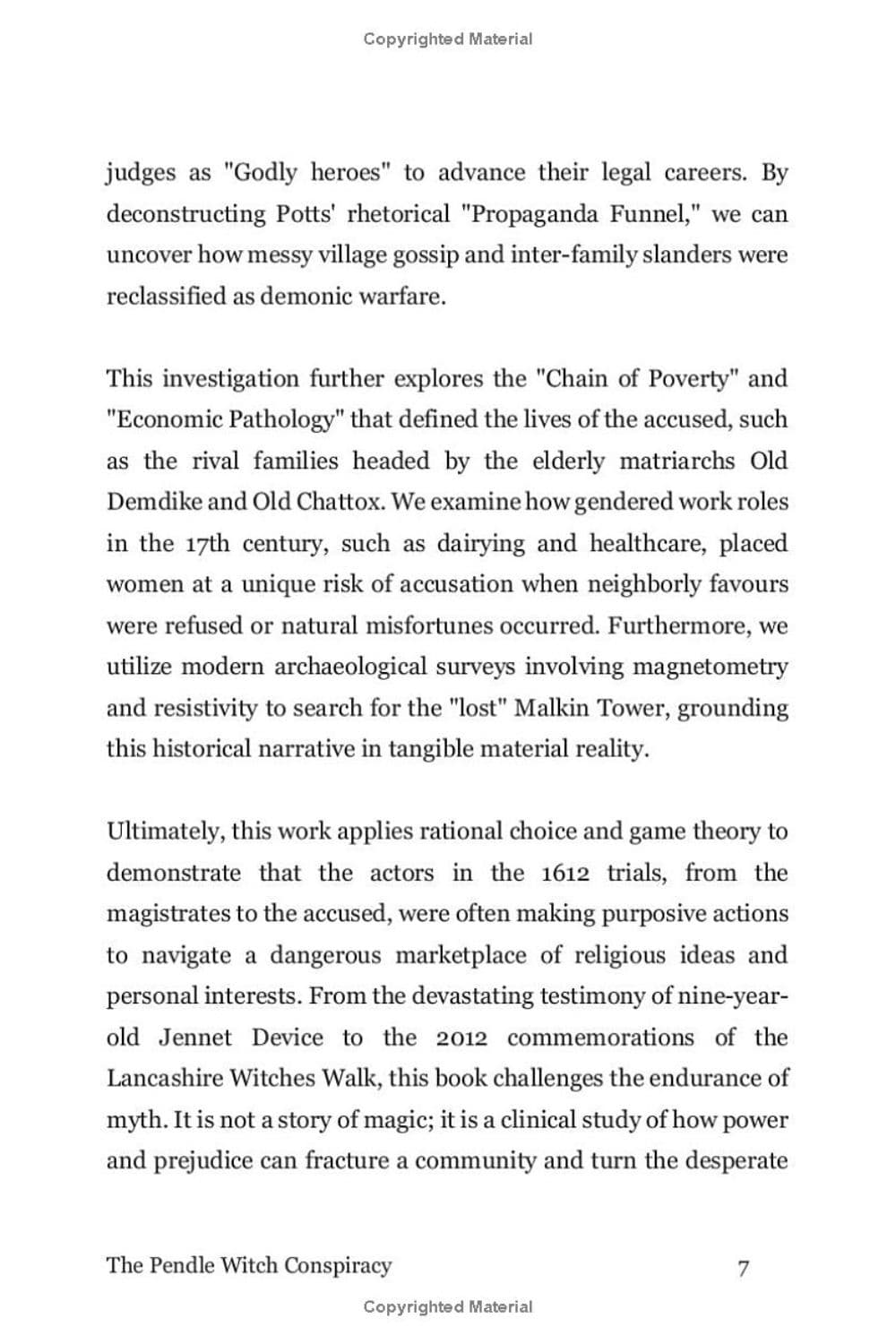 A single printed page from a book or document with black serif text on a white page, titled 'The Pendle Witch Conspiracy' with page number 7. The page includes several paragraphs of text and repeated 'Copyrighted Material' watermarks near the top and bottom.