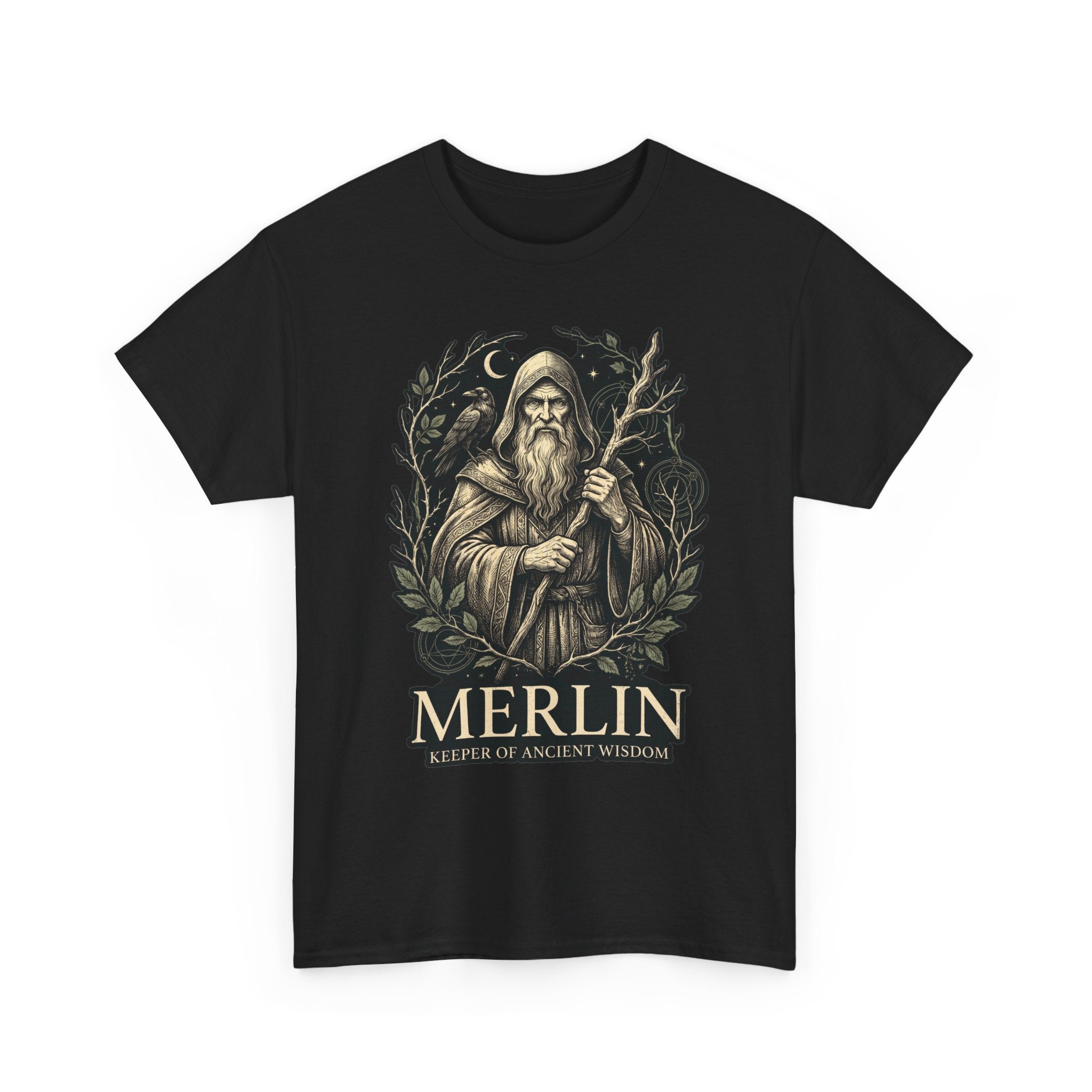 Merlin, Keeper of Ancient Wisdom design on a black T-shirt