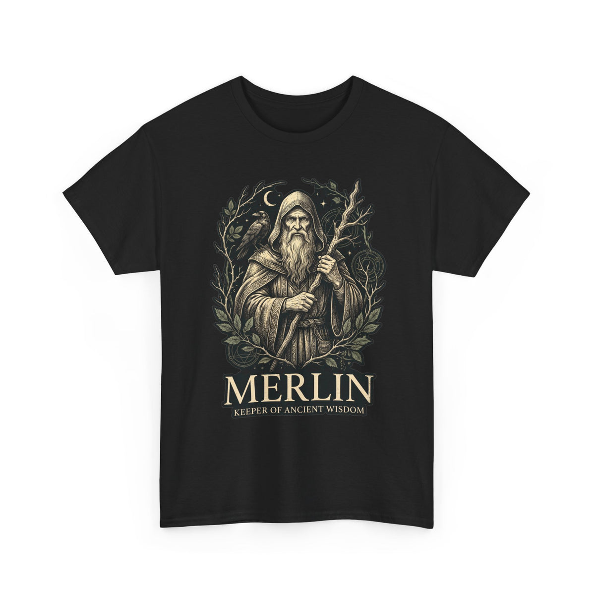 Merlin, Keeper of Ancient Wisdom design on a black T-shirt