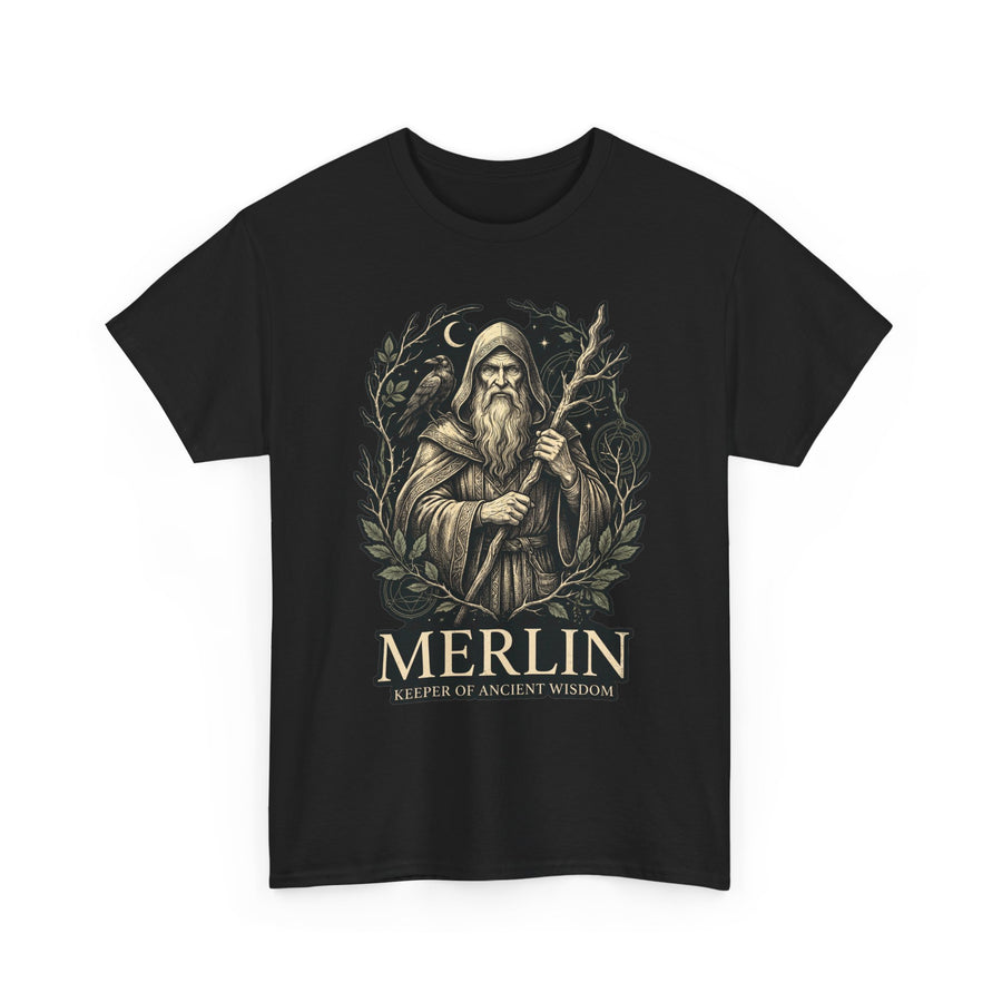 Merlin, Keeper of Ancient Wisdom design on a black T-shirt