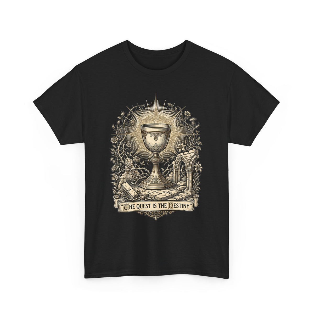 Quest for the Grail design on a black T-shirt