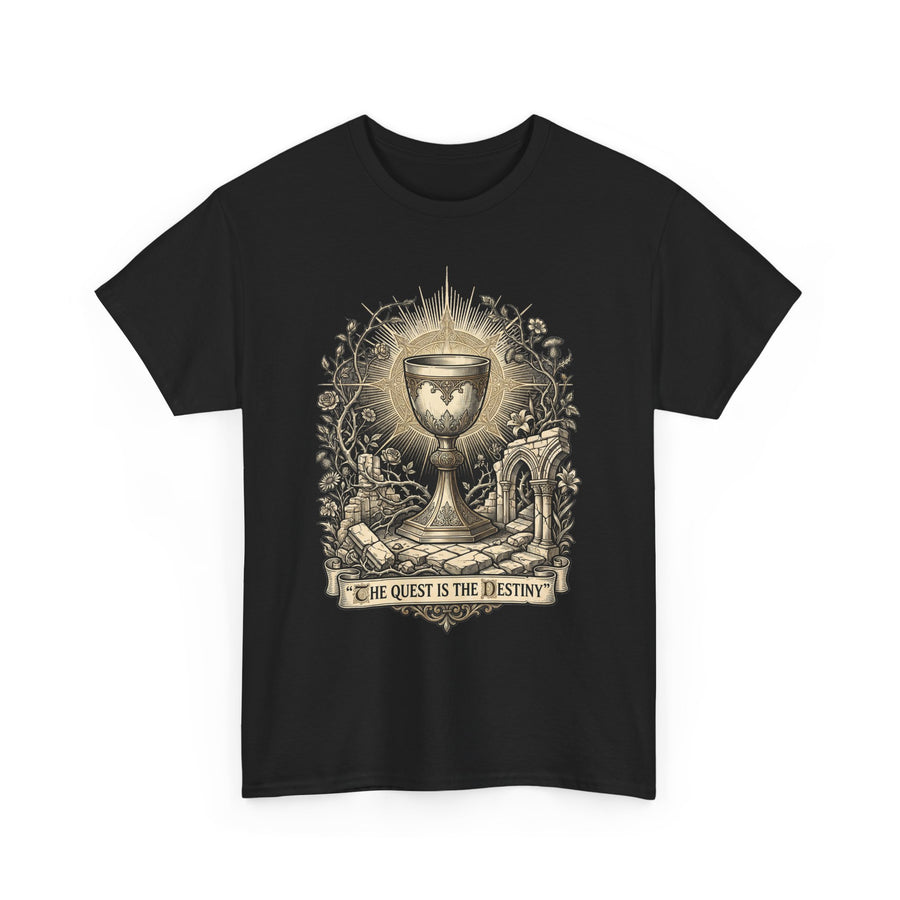 Quest for the Grail design on a black T-shirt