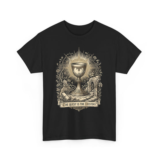 Quest for the Grail design on a black T-shirt