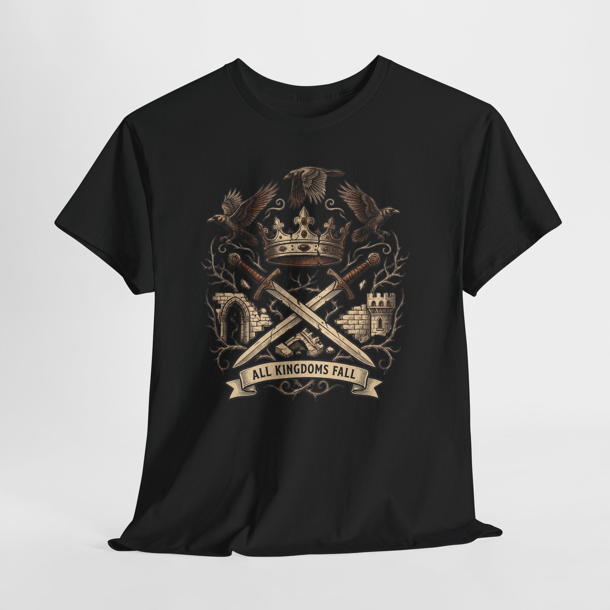 Fall of Camelot design on a black T-shirt