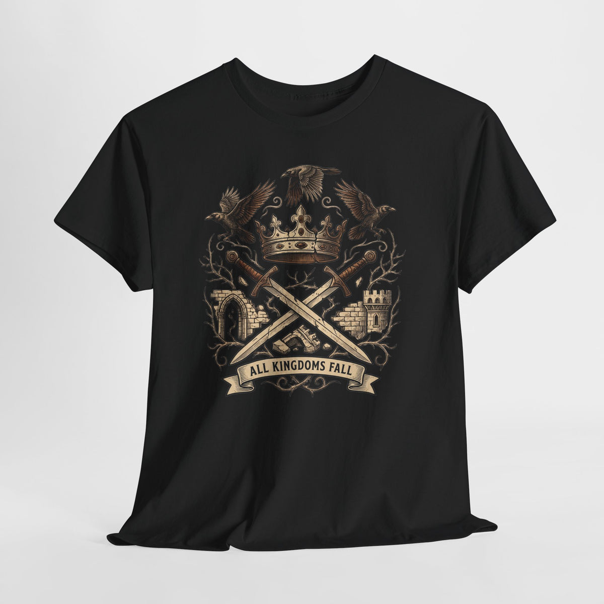 Fall of Camelot design on a black T-shirt