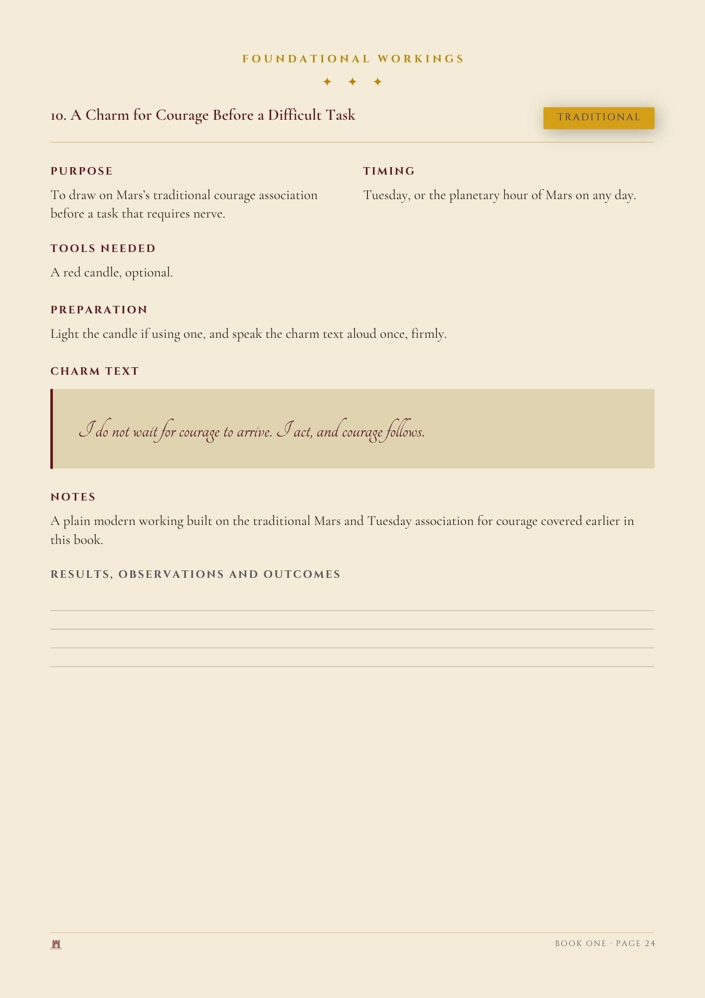 A page from a book with a warm beige background, featuring a numbered instructional section titled '10. A Charm for Courage Before a Difficult Task' under the heading 'FOUNDATIONAL WORKINGS.