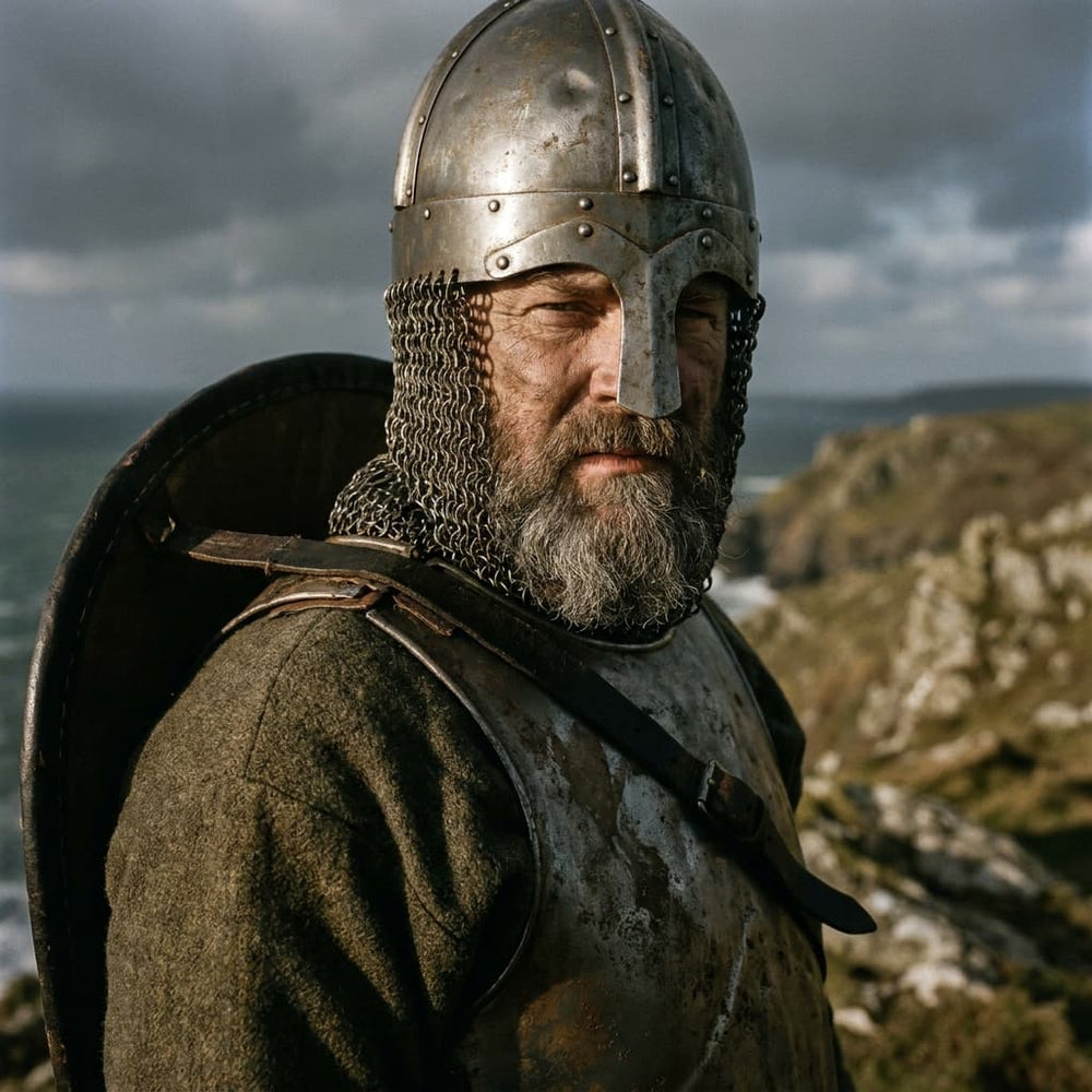 A bearded man wearing a metallic Viking-style helmet with chainmail neck coverage and a shield over his shoulder, standing outdoors against a rocky coastal landscape under a cloudy sky.