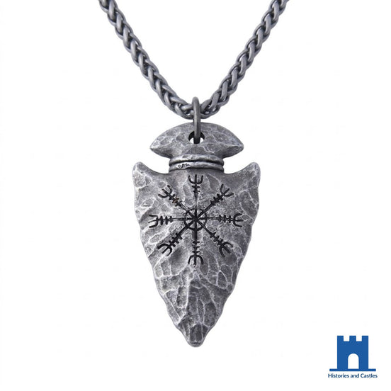 Vegvisir arrowhead pendant necklace in antiqued hammered silver zinc alloy with Norse runic compass engraved in black, on heavy antiqued wheat chain