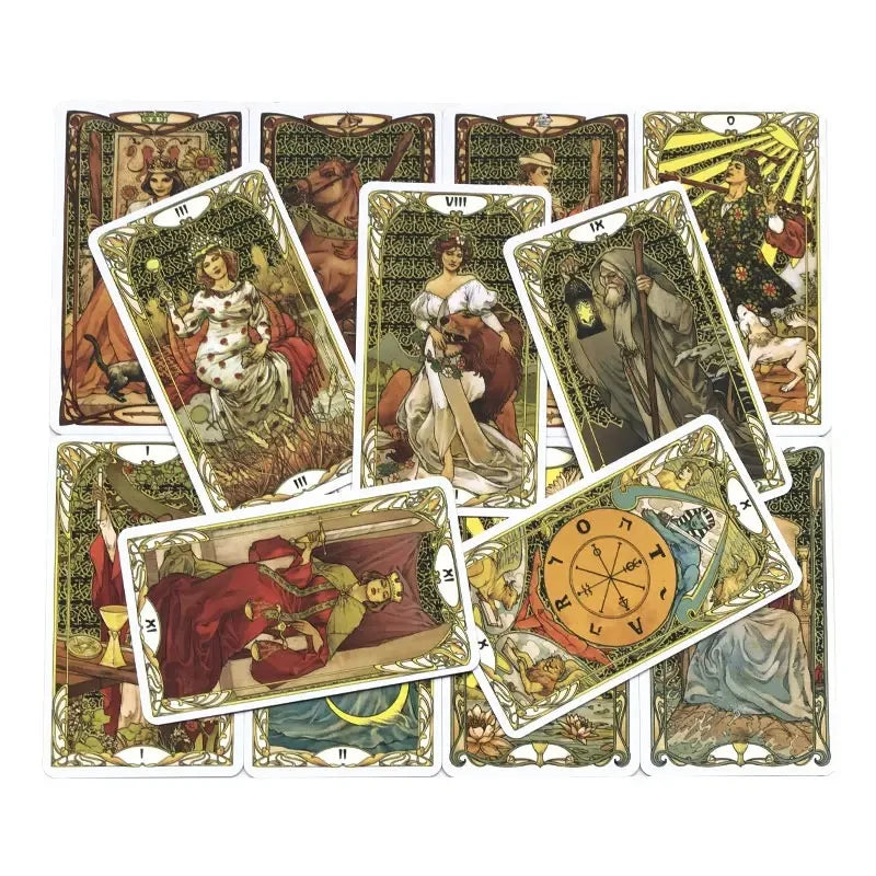 Collection of tarot cards with detailed artwork on a white background