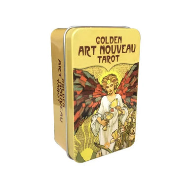 Gold tin box with 'Golden Art Nouveau Tarot' text and tarot card design on a white background