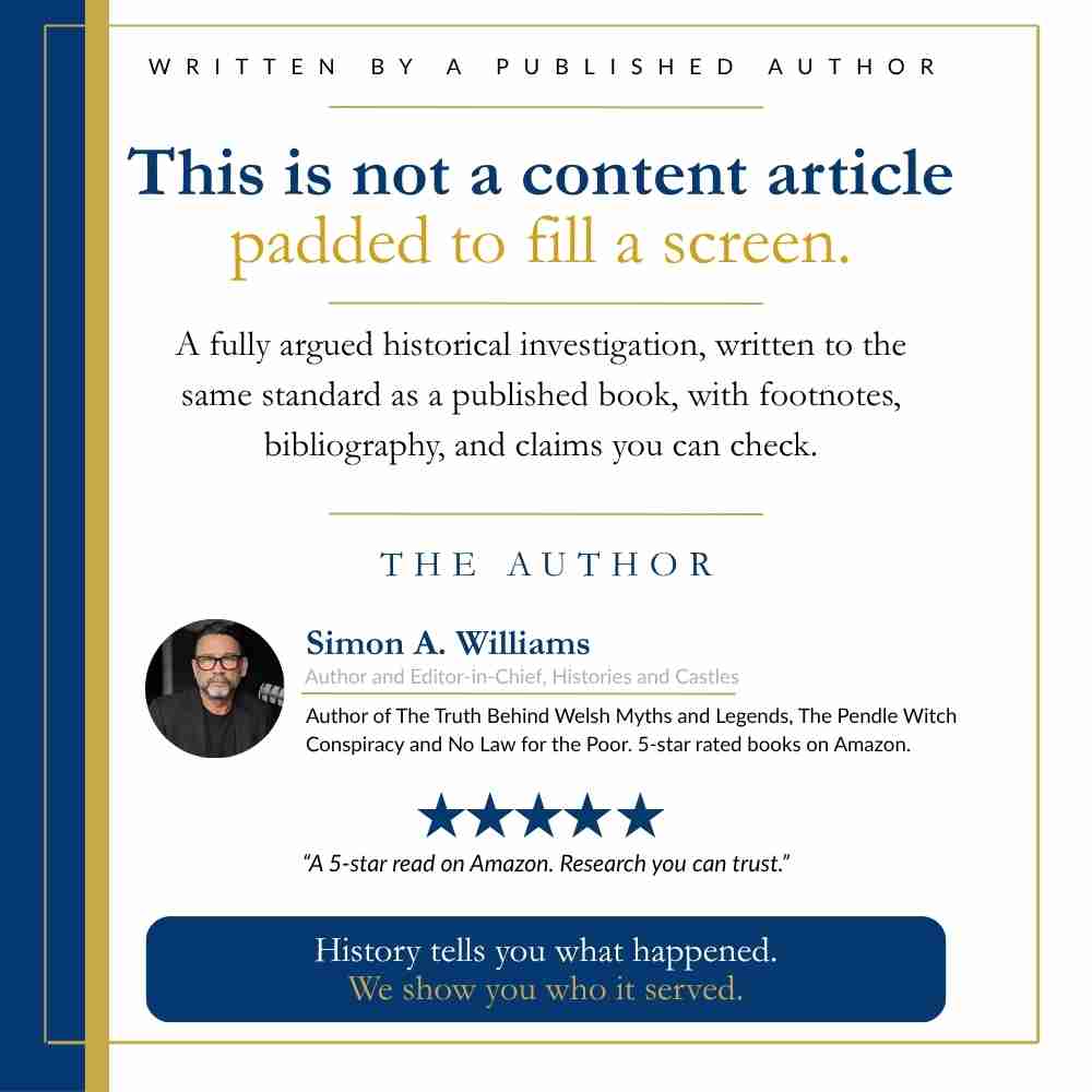 Promotional text for a historical investigation by Simon A. Williams, with author's name, qualifications, and a call to action.