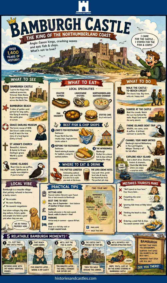 Informational poster about Bamburgh Castle with text, images, and graphics.