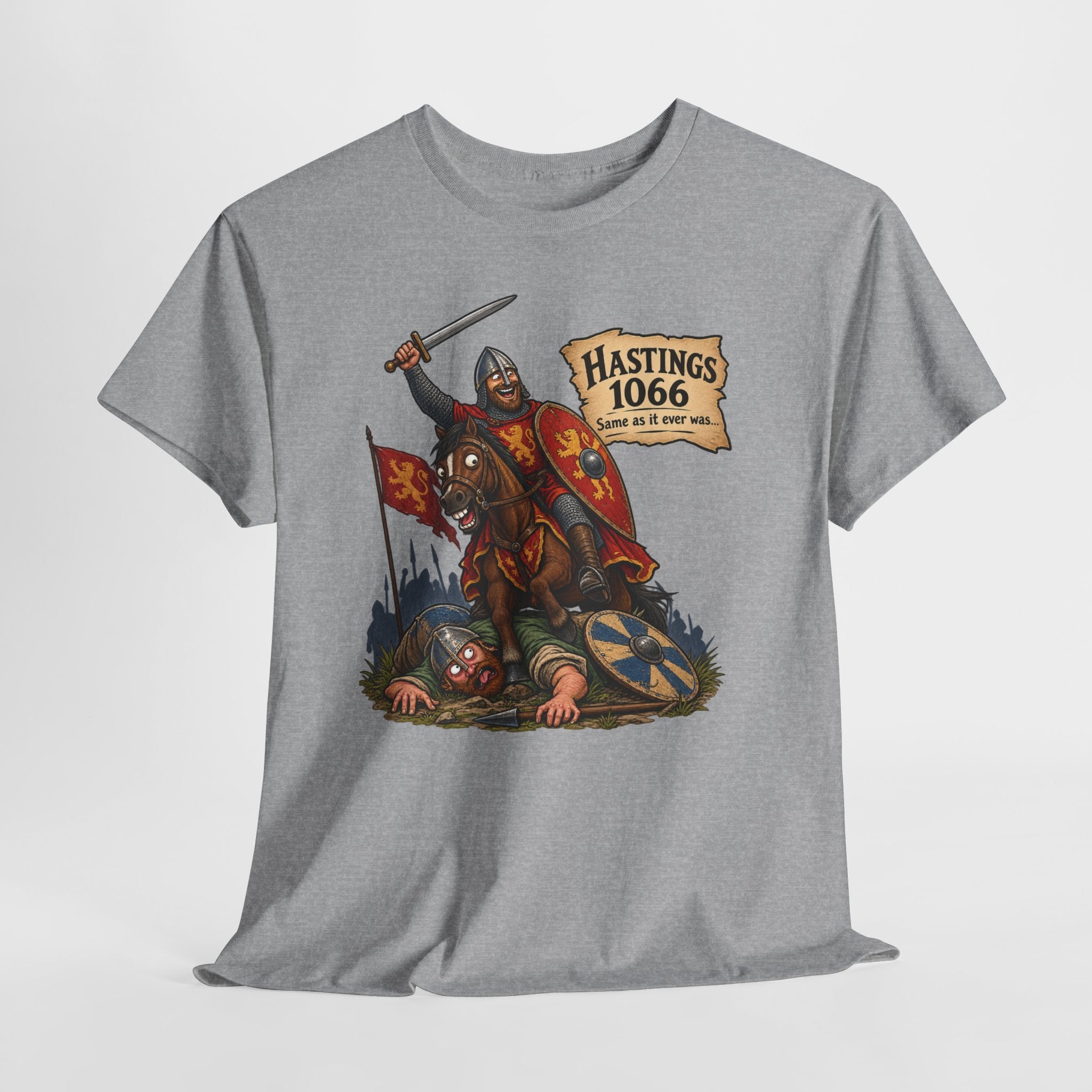 A heather gray short-sleeve t-shirt with a graphic print of a medieval knight on a horse, holding a sword and shield, with a banner reading 'HASTINGS 1066'.