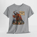 A heather gray short-sleeve t-shirt with a graphic print of a medieval knight on a horse, holding a sword and shield, with a banner reading 'HASTINGS 1066'.