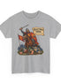 A heather gray short-sleeve crewneck t-shirt featuring a vintage-style graphic of a medieval knight on a horse, holding a sword and a banner that reads 'HASTINGS 1066'.