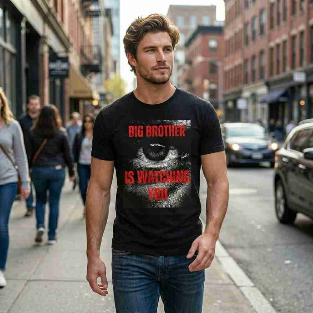 Man wearing a black t-shirt with 'Big Brother is Watching You' graphic on a city street.