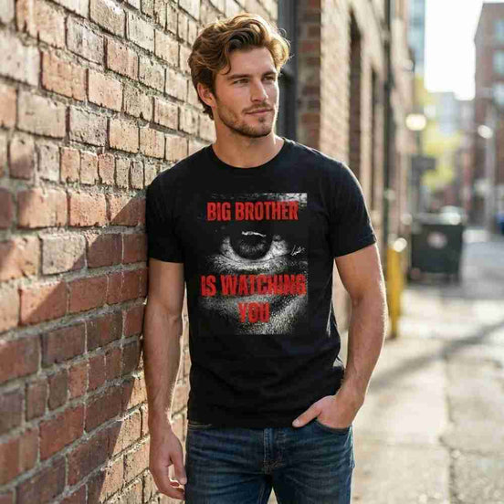 Man wearing a black t-shirt with 'Big Brother is Watching You' design leaning against a brick wall.