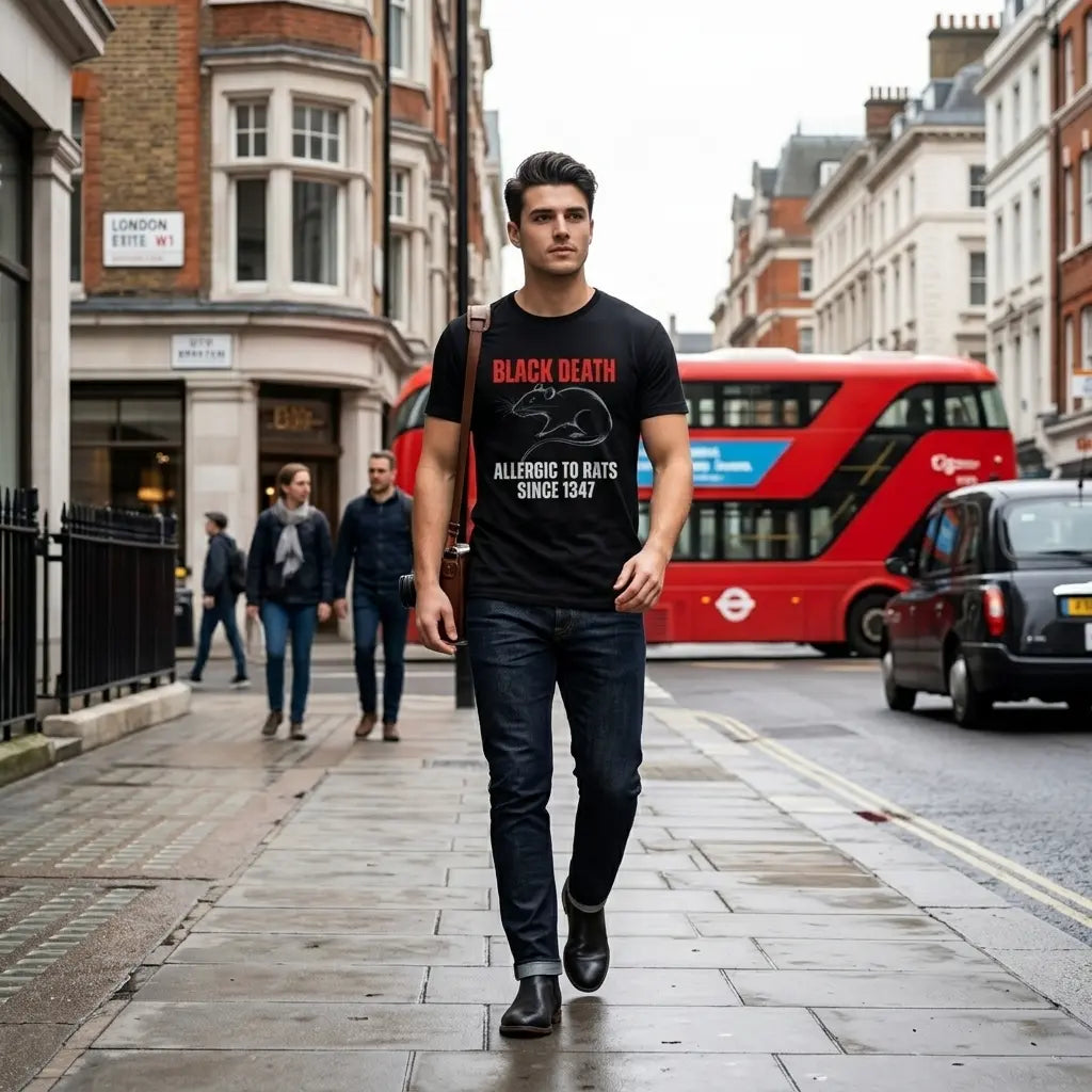 A man walking on a London street wearing a black graphic t-shirt with a red and white text design that reads 'BLACK DEATH ALLERGIC TO BATS SINCE 1987' alongside a bat silhouette. The background features classic London architecture, a red double-decker bus, and a black cab.