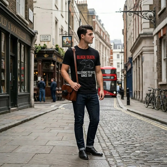 A man stands on a cobblestone street wearing a black graphic T-shirt with red and white text, dark jeans, and black shoes, while carrying a brown guitar. The background shows a narrow city street with buildings, shopfronts, and a red double-decker bus.