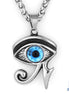 Eye of Horus necklace in silver tone 316L stainless steel with blue glass eye inlay, flame detail around iris and Egyptian scroll marks below, on 60cm wheat chain