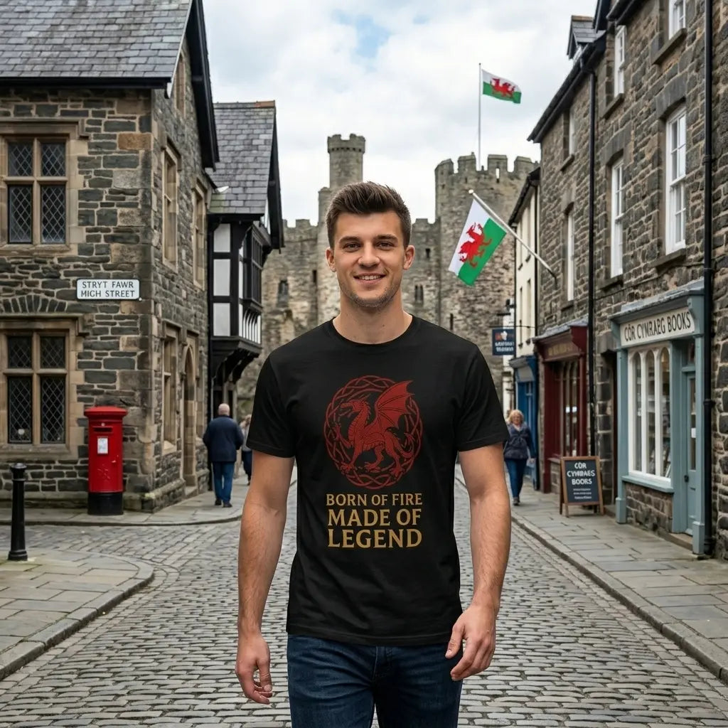 A man standing on a cobblestone street wearing a black t-shirt with a red dragon graphic and the text 'BORN OF FIRE MADE OF LEGEND'. The background shows a stone town street with a castle in the distance.