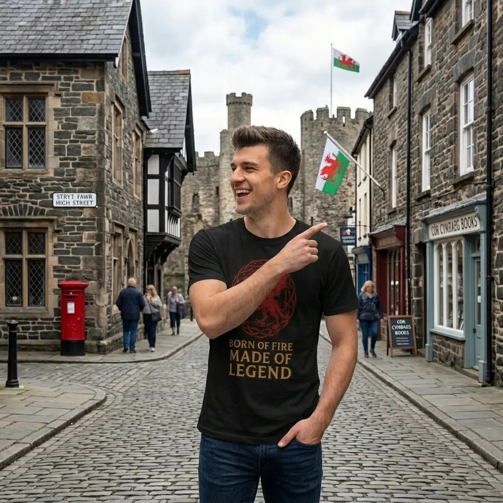 A man standing on a cobblestone street wearing a black graphic t-shirt with a red circular emblem and the text 'BORN OF FIRE MADE OF LEGEND' in gold. He is pointing to his chest, with stone buildings and a castle in the background.