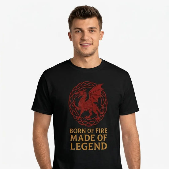 Born of Fire Made of Legend with red dragon nd celtic knot design on a black t-shirt worn by man against white background