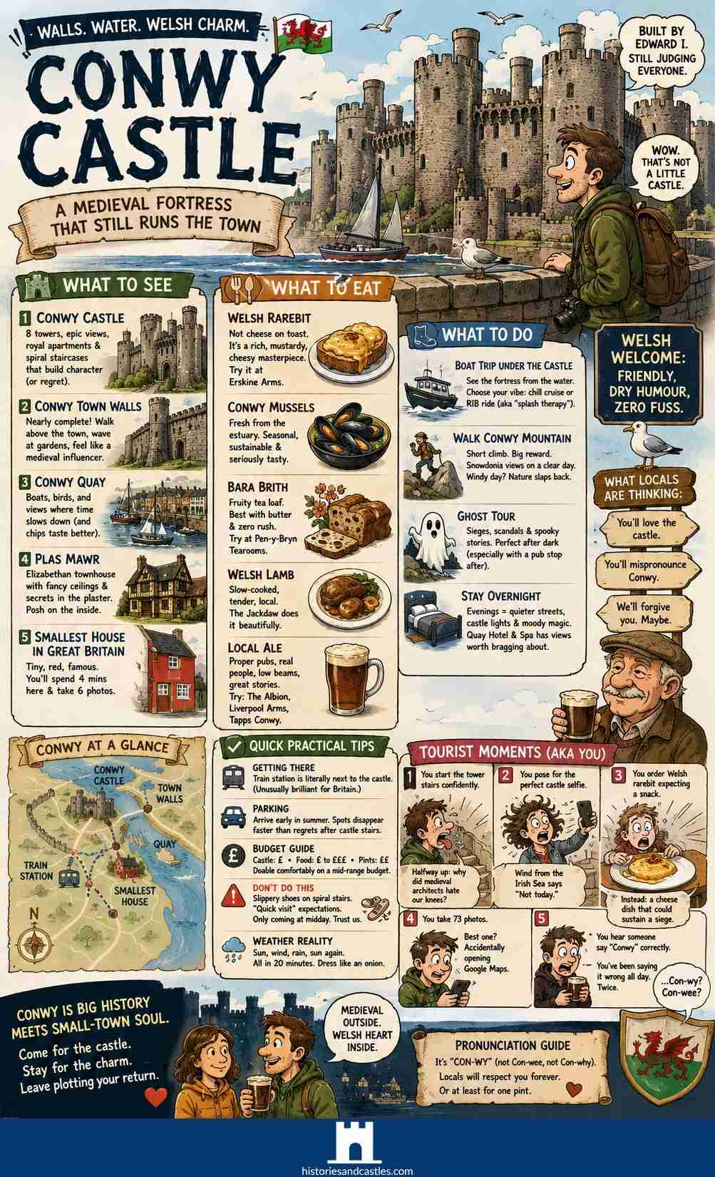 Conwy Castle illustrated travel guide, free download, vertical infographic poster with comic-style artwork, local history, and travel tips