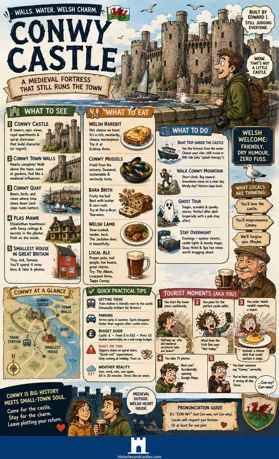 Conwy Castle illustrated travel guide, free download, vertical infographic poster with comic-style artwork, local history, and travel tips
