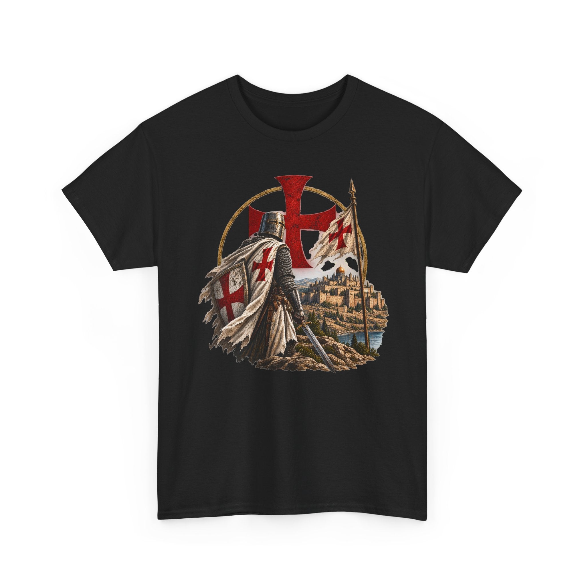 A black short-sleeve crewneck t-shirt featuring a detailed graphic print of a Crusader knight in armor with a red cross shield, standing before a cityscape with a flag bearing a red cross.