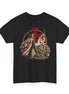 A black short-sleeve crewneck t-shirt featuring a detailed graphic print of a Crusader knight in armor with a red cross shield, standing before a cityscape with a flag bearing a red cross.