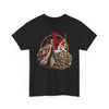 A black short-sleeve crewneck t-shirt featuring a detailed graphic print of a Crusader knight in armor with a red cross shield, standing before a cityscape with a flag bearing a red cross.