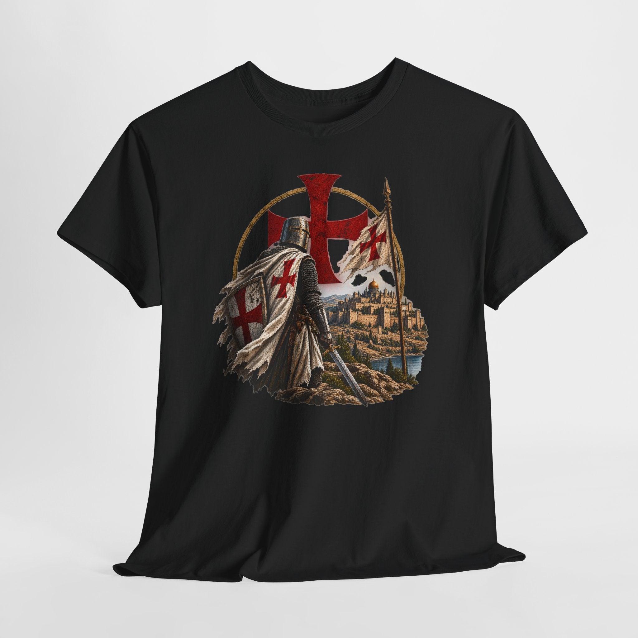A black short-sleeve crewneck t-shirt featuring a detailed graphic print of a knight in chainmail and a helmet with a red cross shield, standing before a city and a large red cross on a hill.